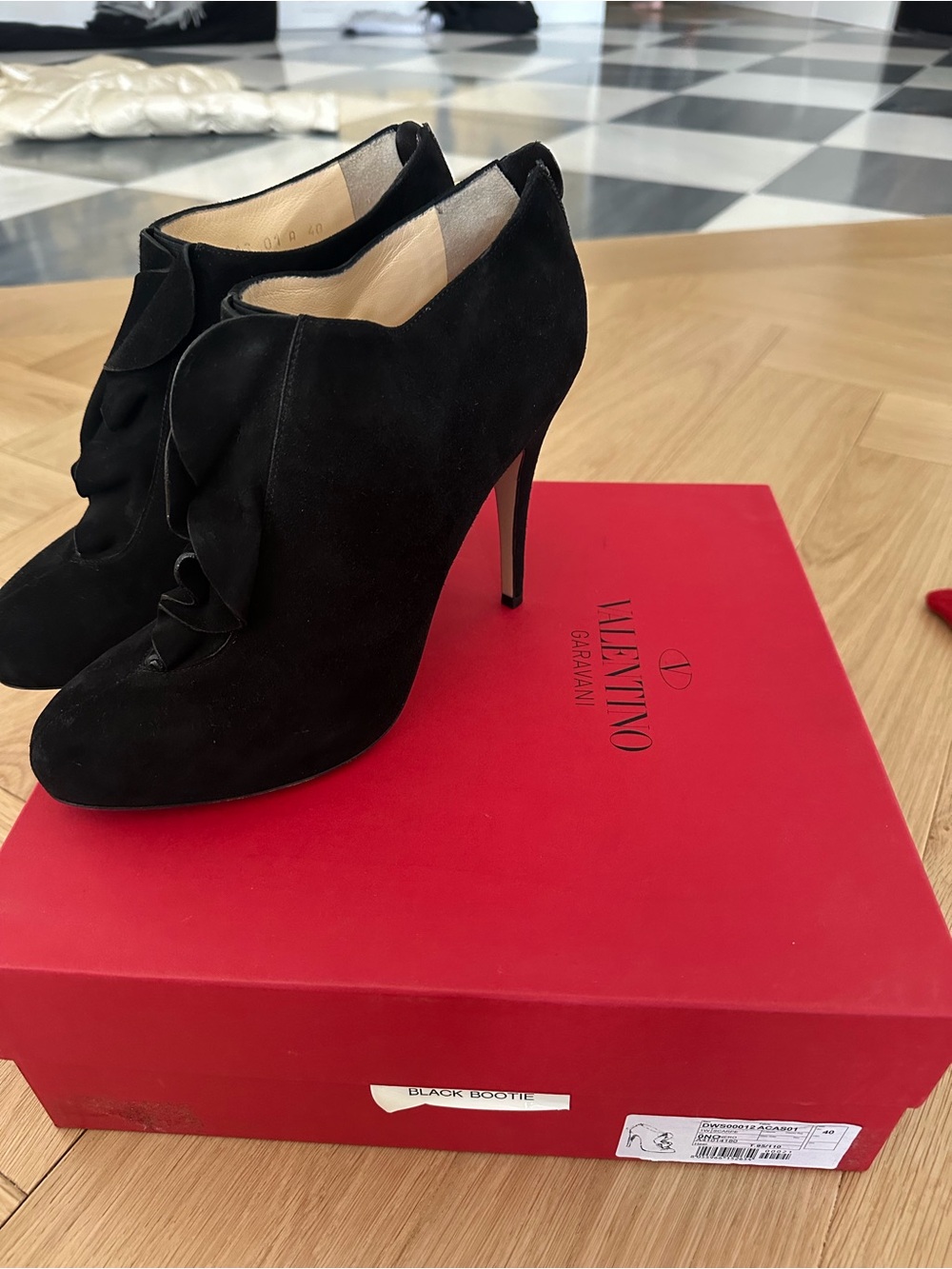 Valentino Black Suede Ruffle Ankle Booties